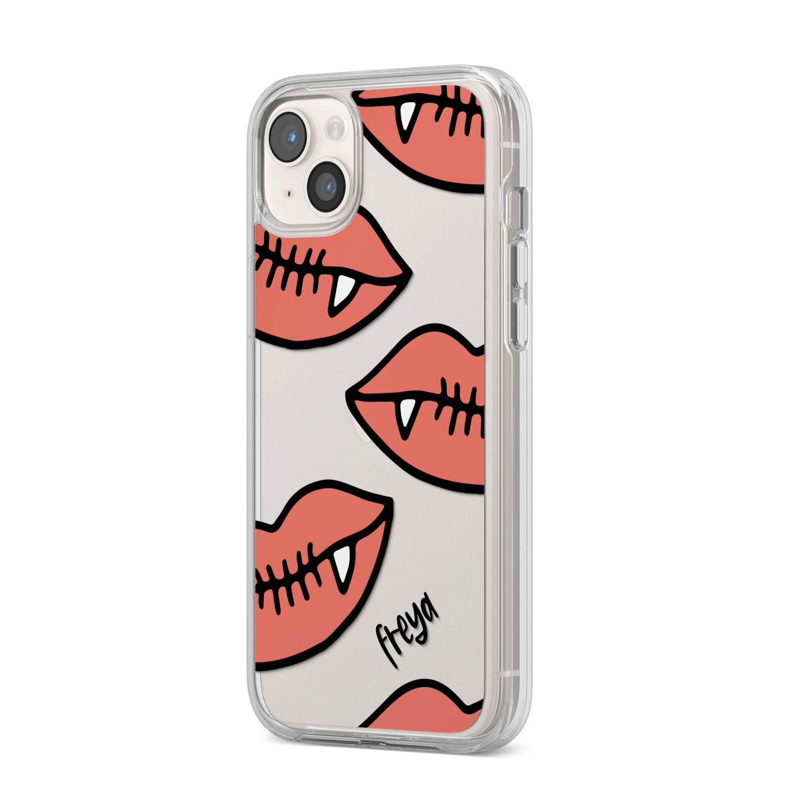 Pink Lips with Fangs Personalised iPhone 14 Plus Clear Tough Case Starlight Angled Image