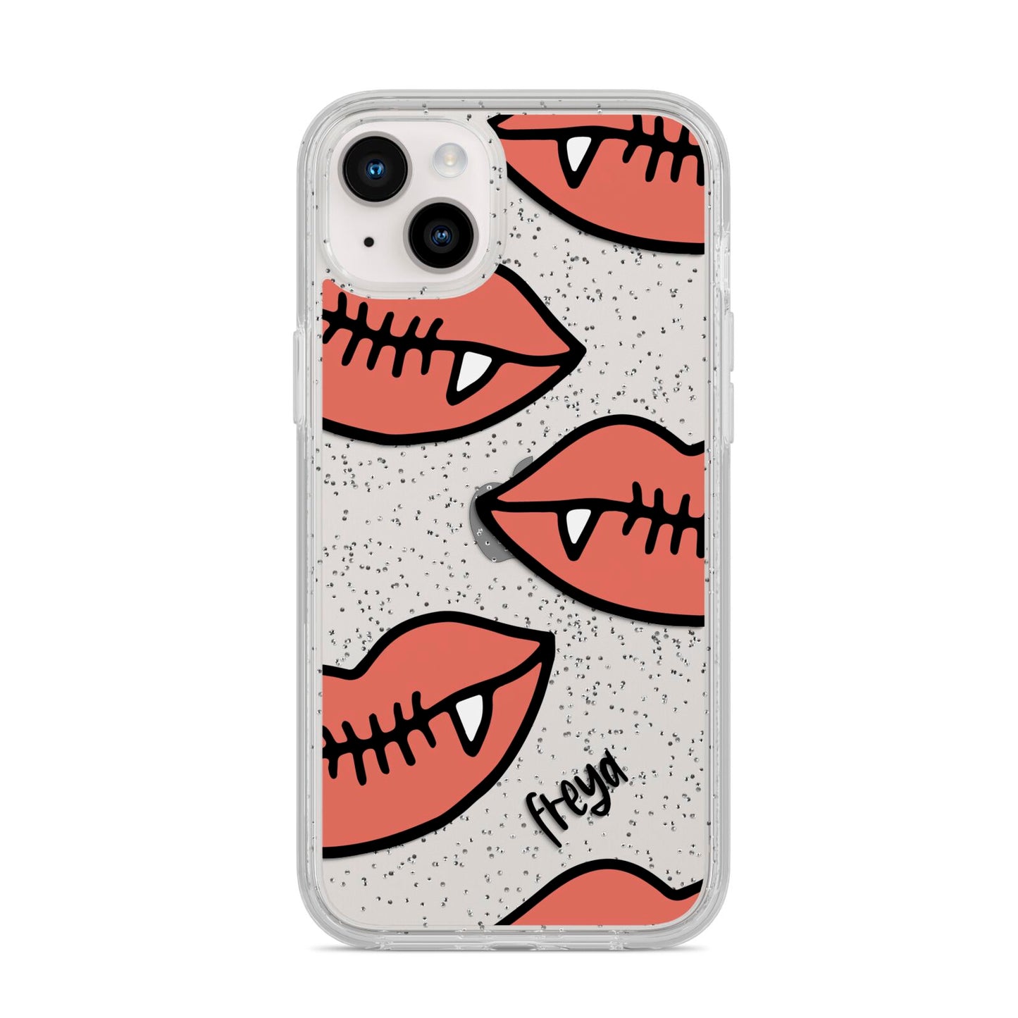 Pink Lips with Fangs Personalised iPhone 14 Plus Glitter Tough Case Starlight