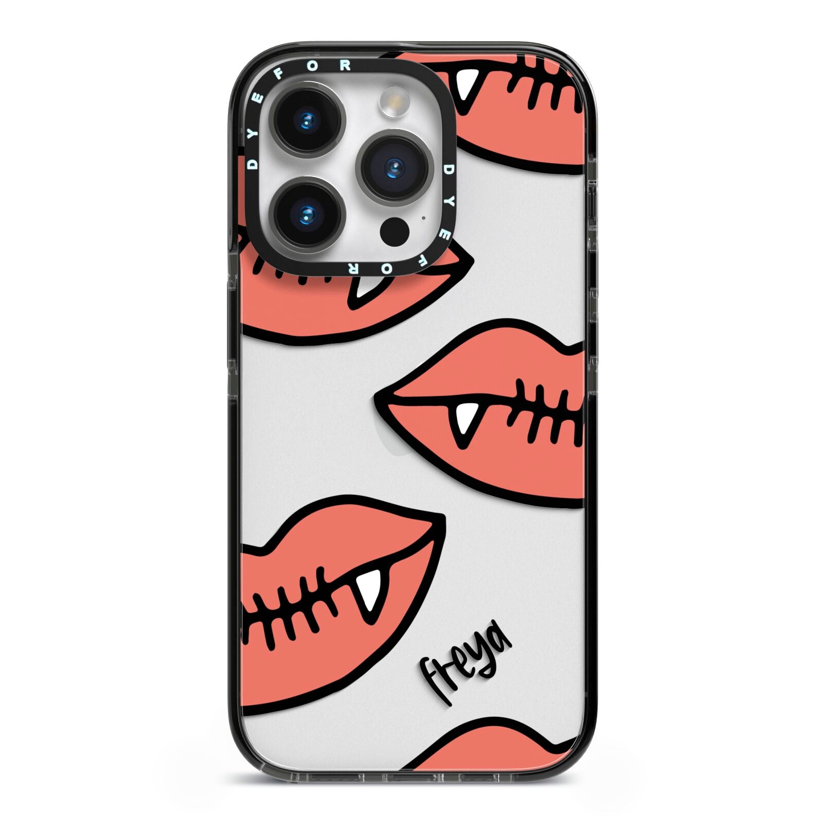 Pink Lips with Fangs Personalised iPhone 14 Pro Black Impact Case on Silver phone