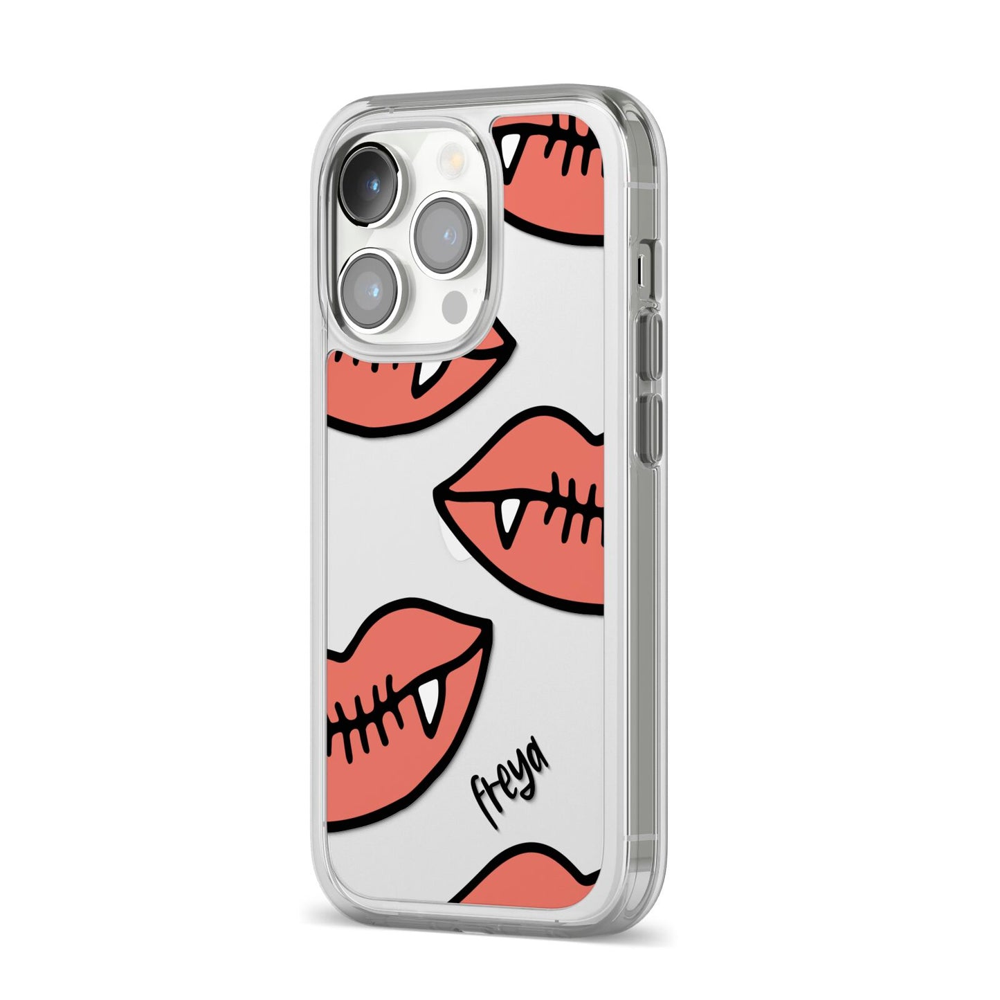 Pink Lips with Fangs Personalised iPhone 14 Pro Clear Tough Case Silver Angled Image
