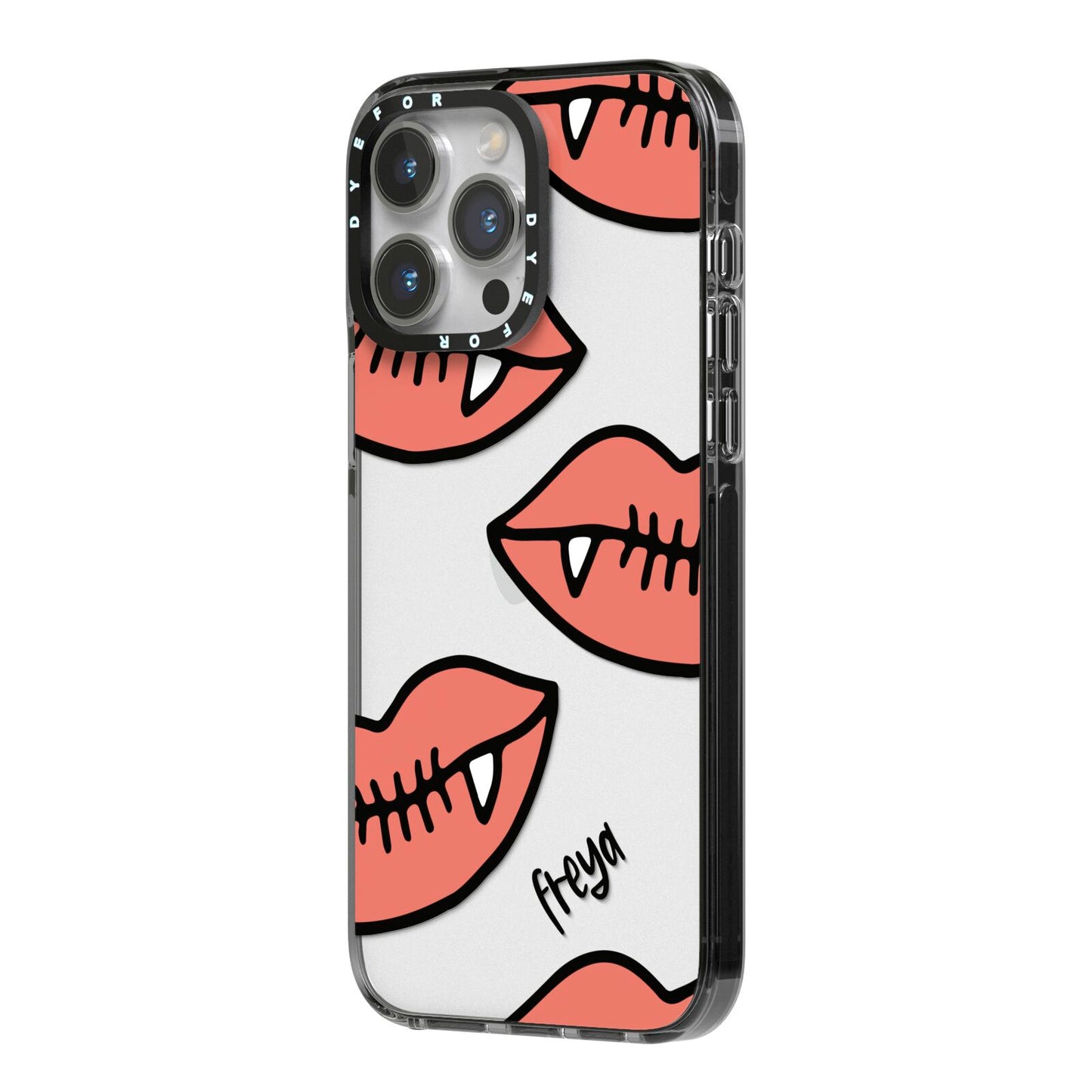 Pink Lips with Fangs Personalised iPhone 14 Pro Max Black Impact Case Side Angle on Silver phone
