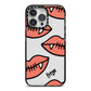 Pink Lips with Fangs Personalised iPhone 14 Pro Max Black Impact Case on Silver phone