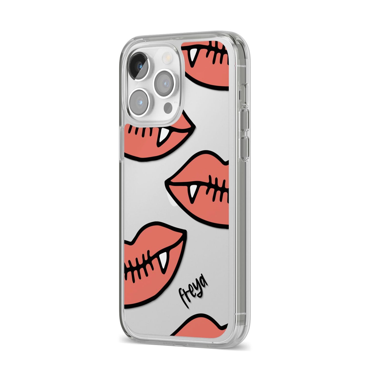 Pink Lips with Fangs Personalised iPhone 14 Pro Max Clear Tough Case Silver Angled Image