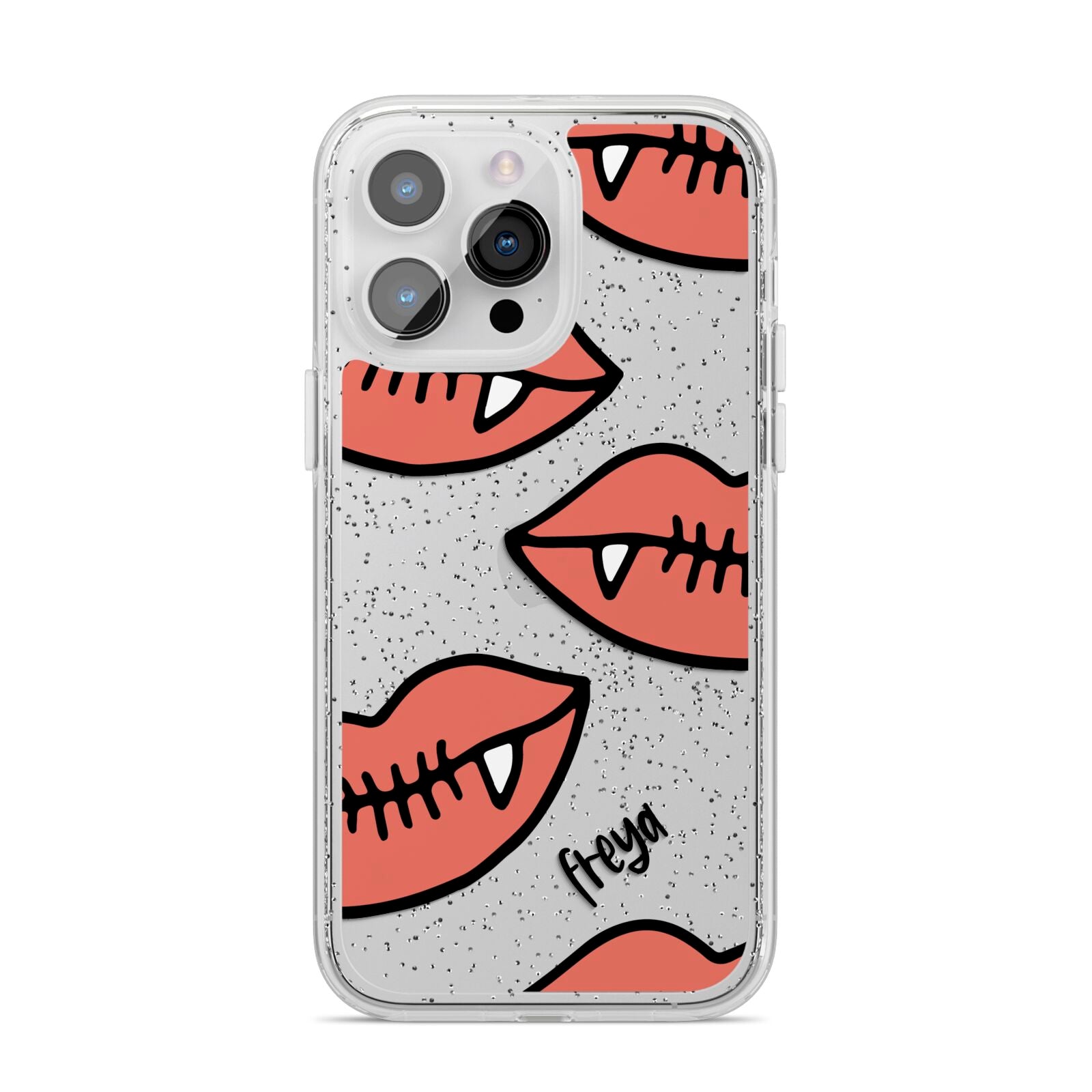 Pink Lips with Fangs Personalised iPhone 14 Pro Max Glitter Tough Case Silver