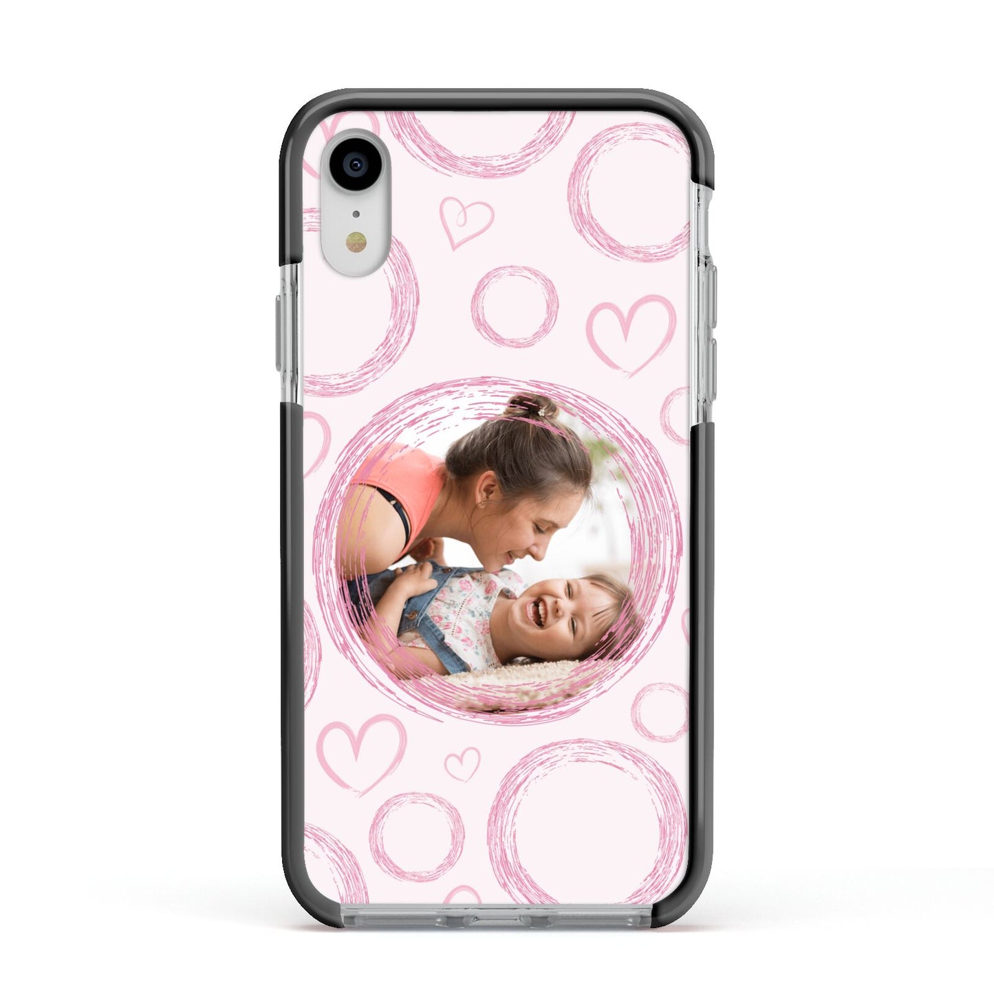 Pink Love Hearts Photo Personalised Apple iPhone XR Impact Case Black Edge on Silver Phone