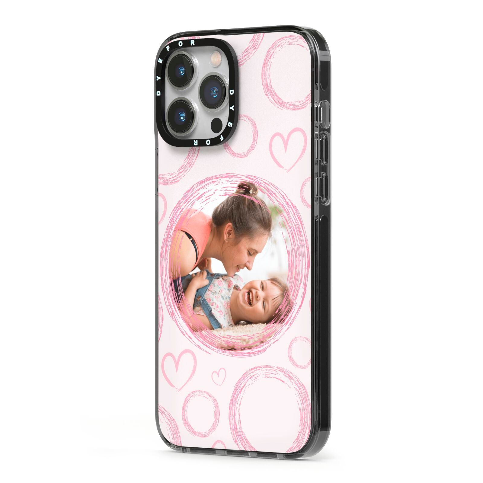 Pink Love Hearts Photo Personalised iPhone 13 Pro Max Black Impact Case Side Angle on Silver phone