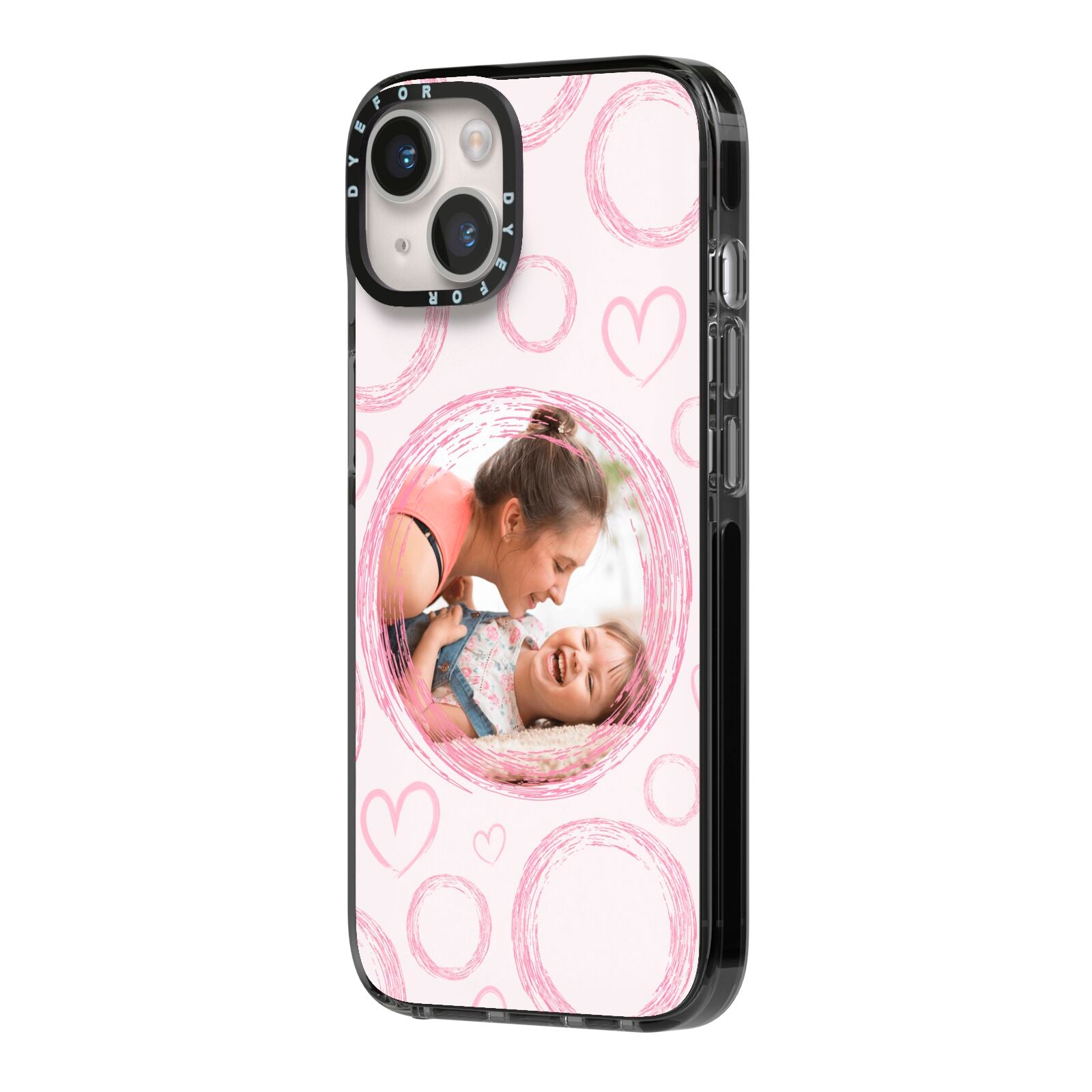 Pink Love Hearts Photo Personalised iPhone 14 Black Impact Case Side Angle on Silver phone