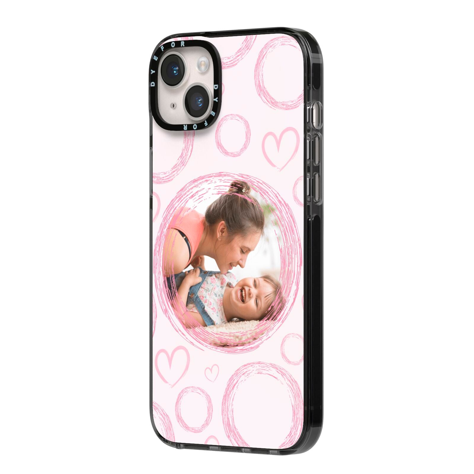 Pink Love Hearts Photo Personalised iPhone 14 Plus Black Impact Case Side Angle on Silver phone