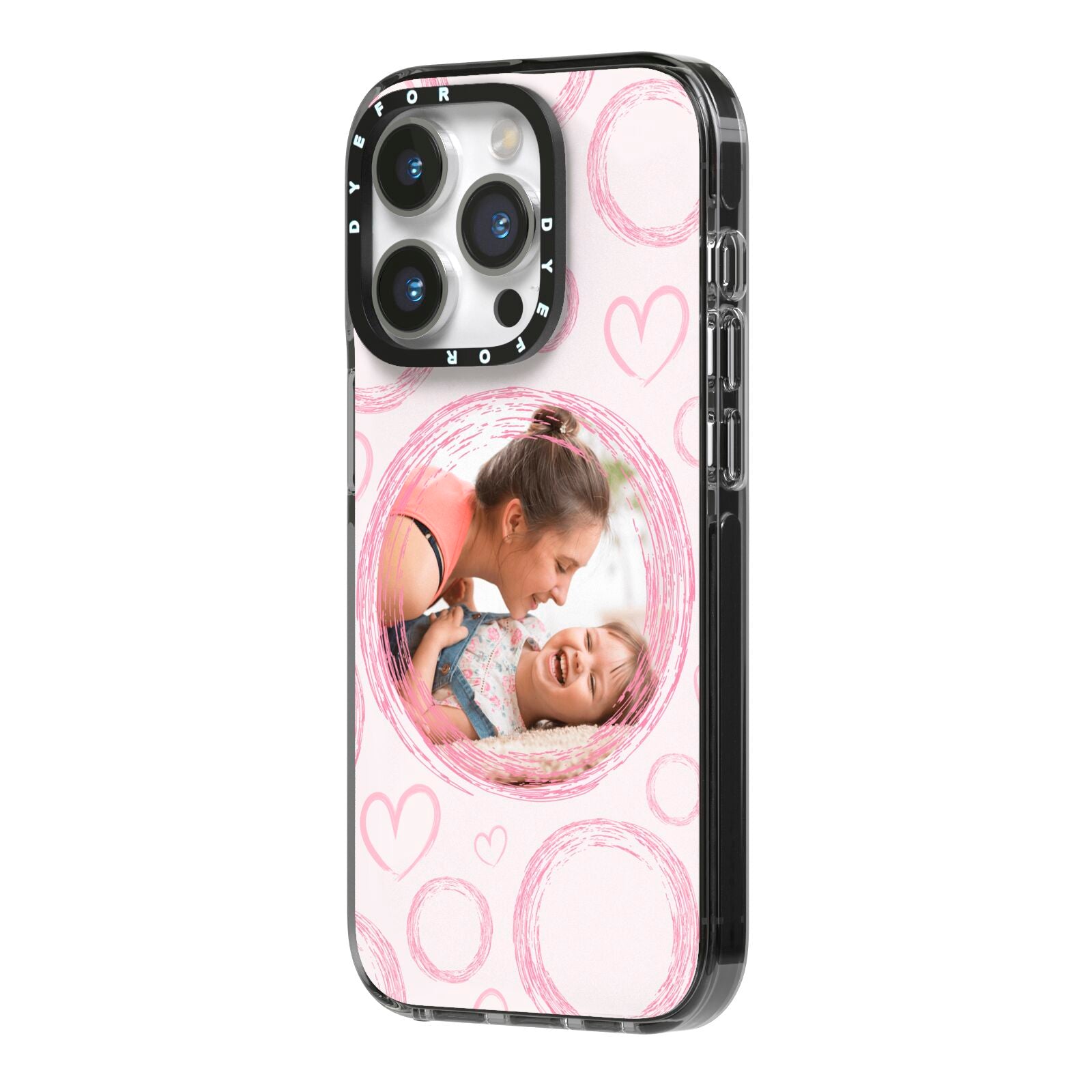Pink Love Hearts Photo Personalised iPhone 14 Pro Black Impact Case Side Angle on Silver phone