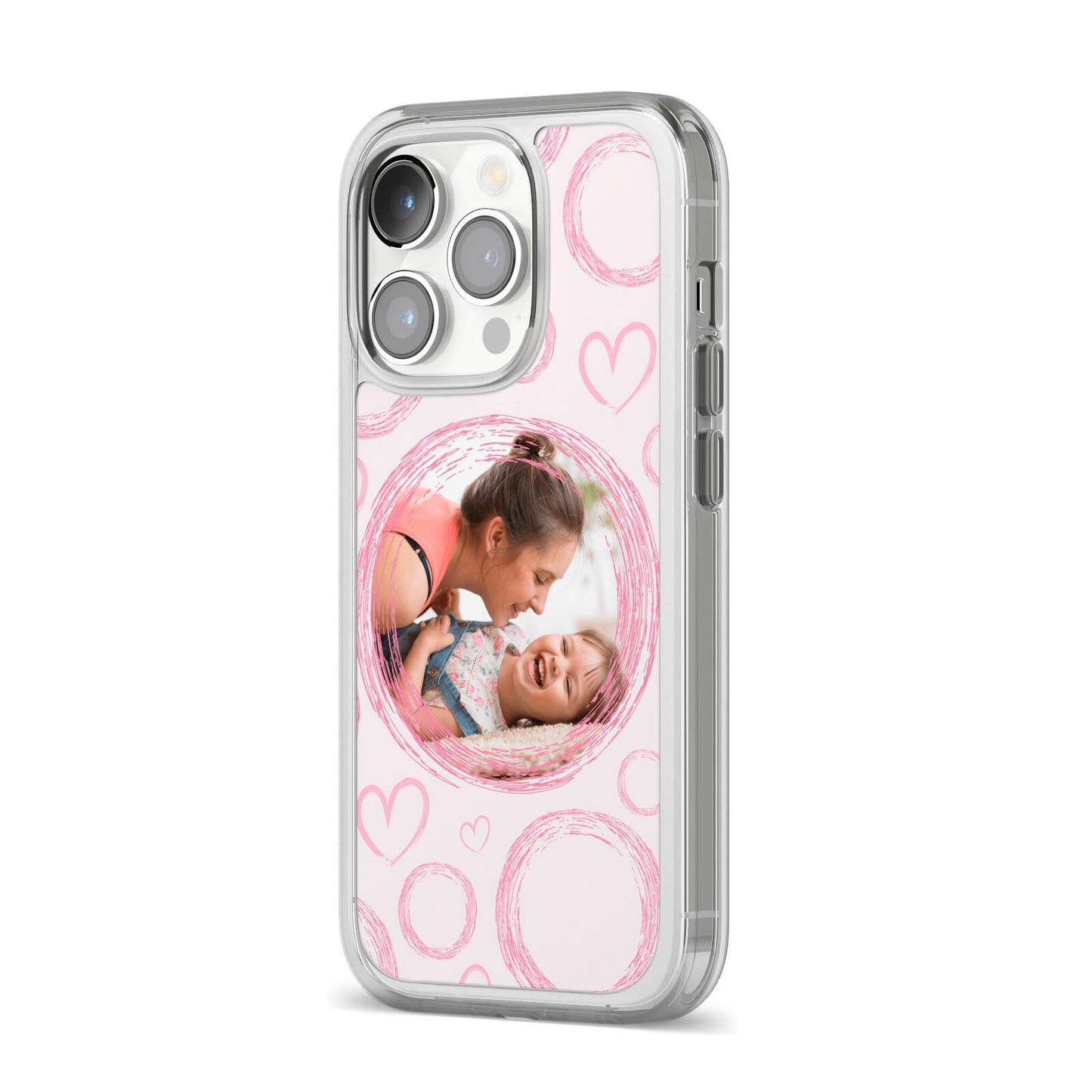Pink Love Hearts Photo Personalised iPhone 14 Pro Clear Tough Case Silver Angled Image