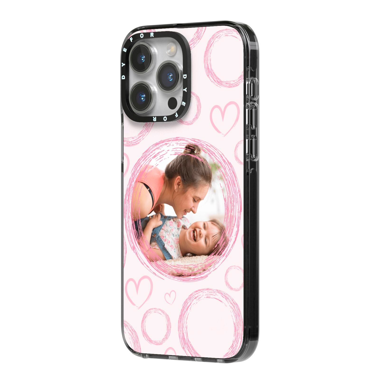 Pink Love Hearts Photo Personalised iPhone 14 Pro Max Black Impact Case Side Angle on Silver phone