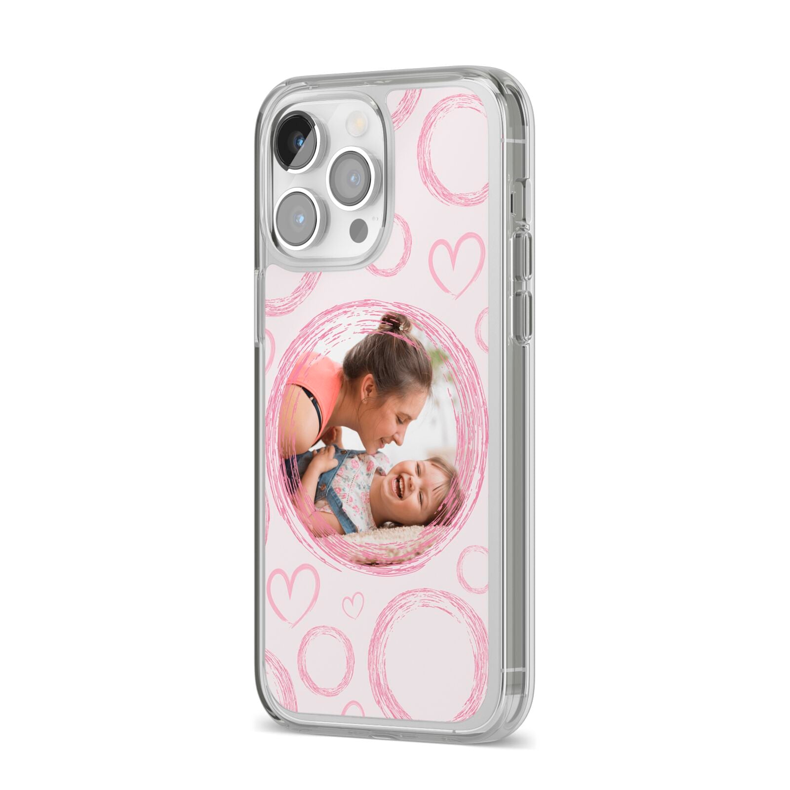 Pink Love Hearts Photo Personalised iPhone 14 Pro Max Clear Tough Case Silver Angled Image