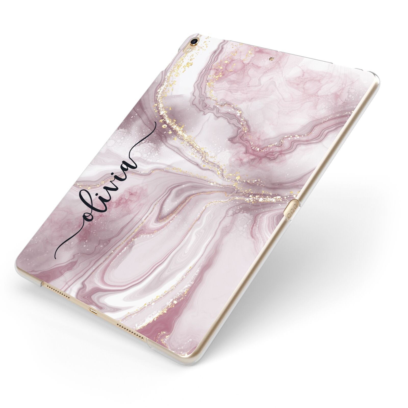 Pink Marble Apple iPad Case on Gold iPad Side View