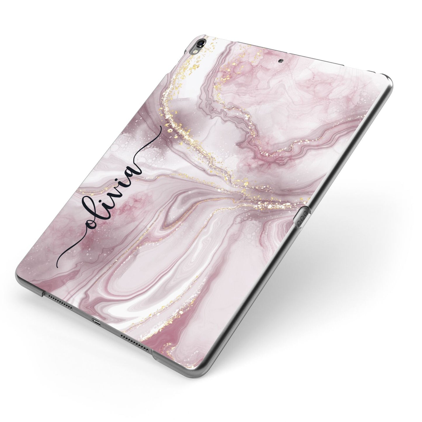Pink Marble Apple iPad Case on Grey iPad Side View
