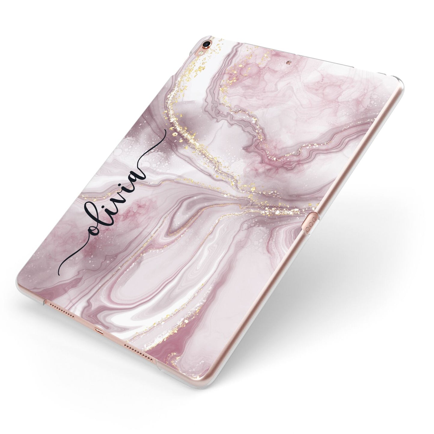 Pink Marble Apple iPad Case on Rose Gold iPad Side View