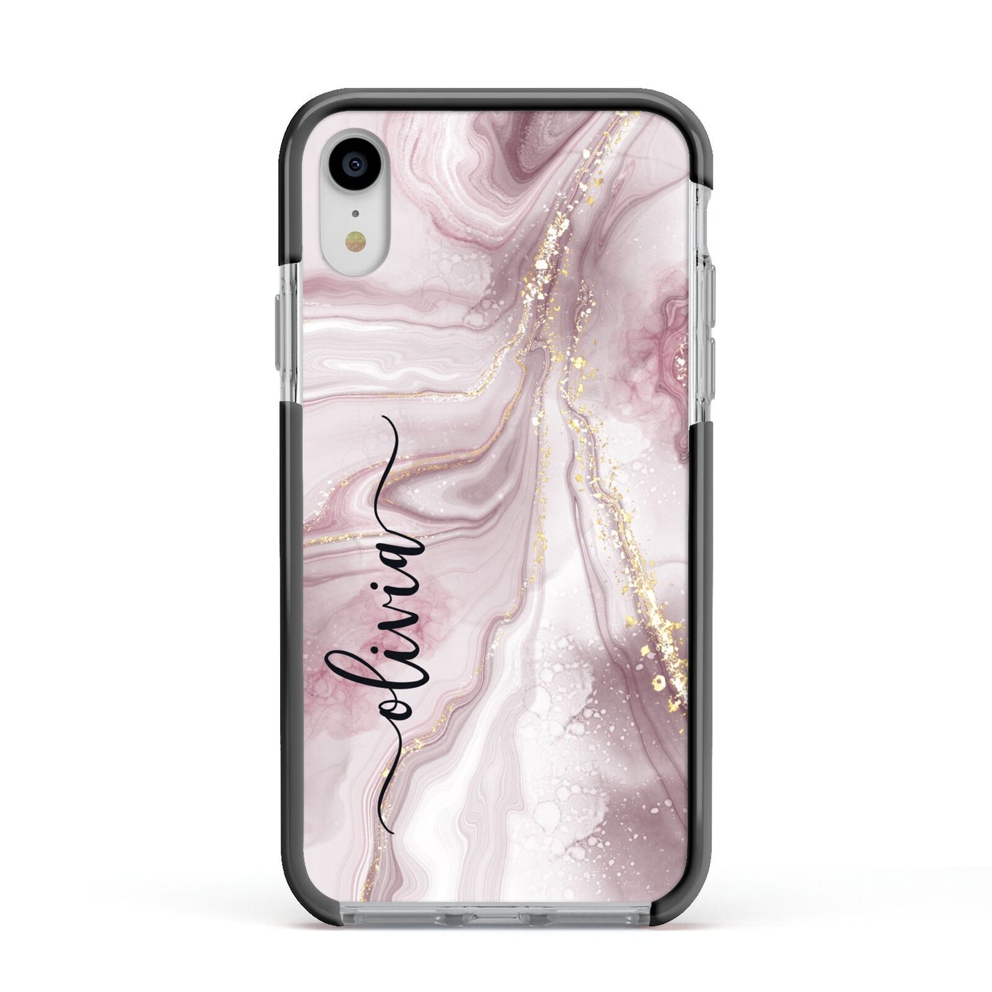 Pink Marble Apple iPhone XR Impact Case Black Edge on Silver Phone