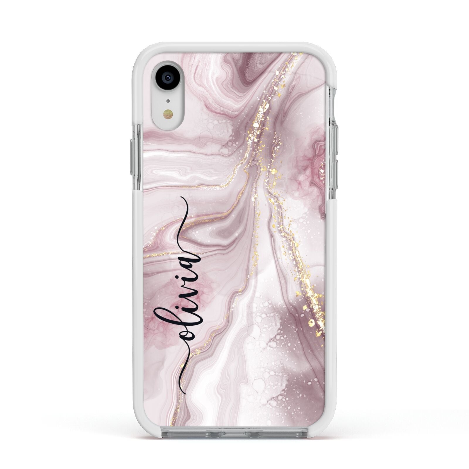 Pink Marble Apple iPhone XR Impact Case White Edge on Silver Phone