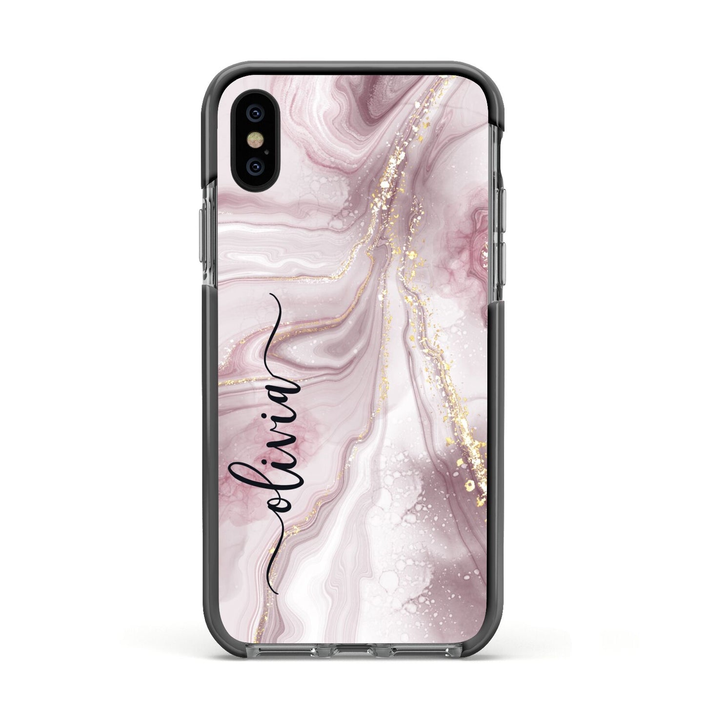 Pink Marble Apple iPhone Xs Impact Case Black Edge on Black Phone