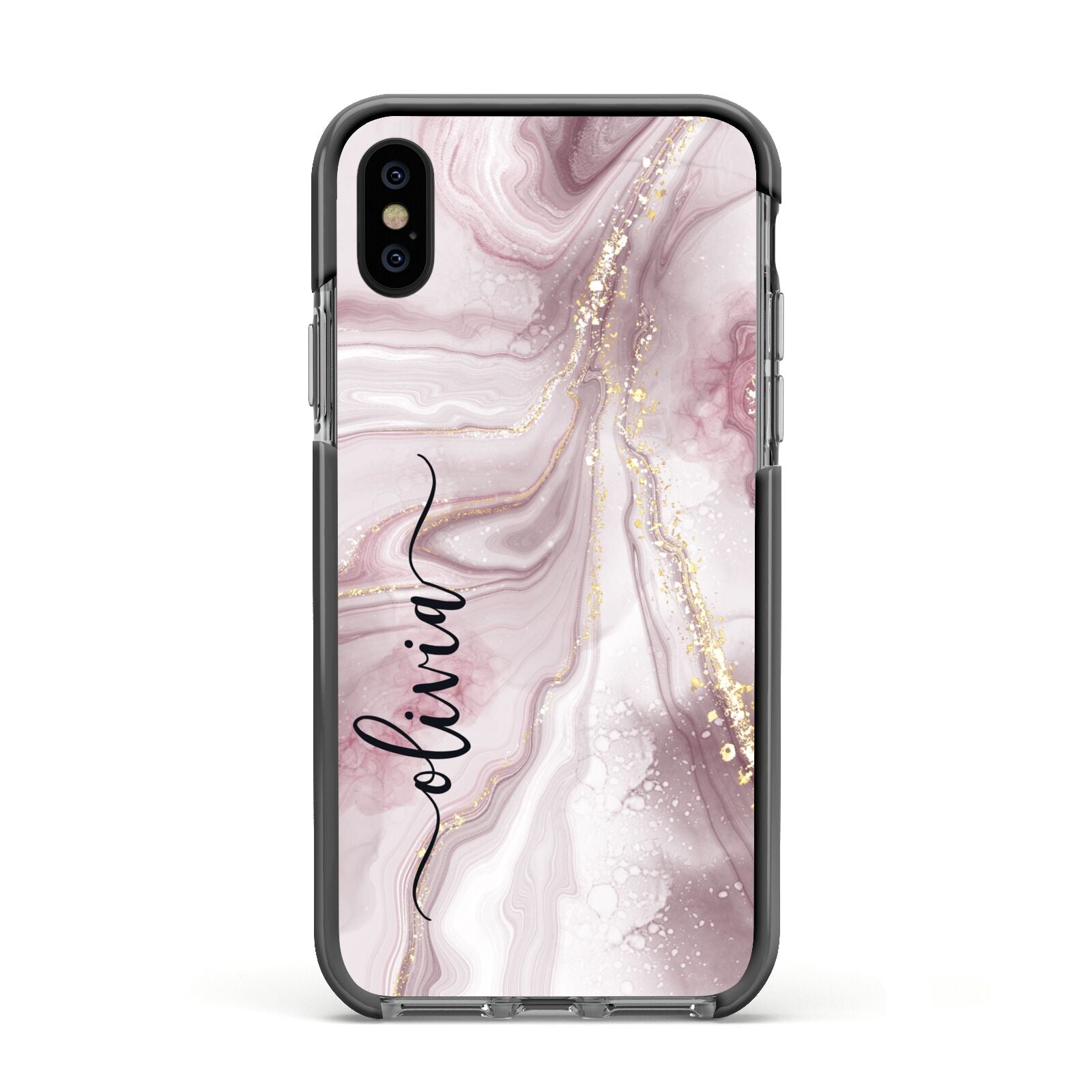 Pink Marble Apple iPhone Xs Impact Case Black Edge on Black Phone