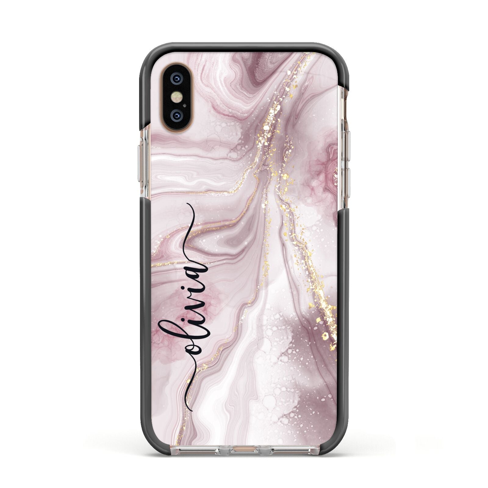 Pink Marble Apple iPhone Xs Impact Case Black Edge on Gold Phone