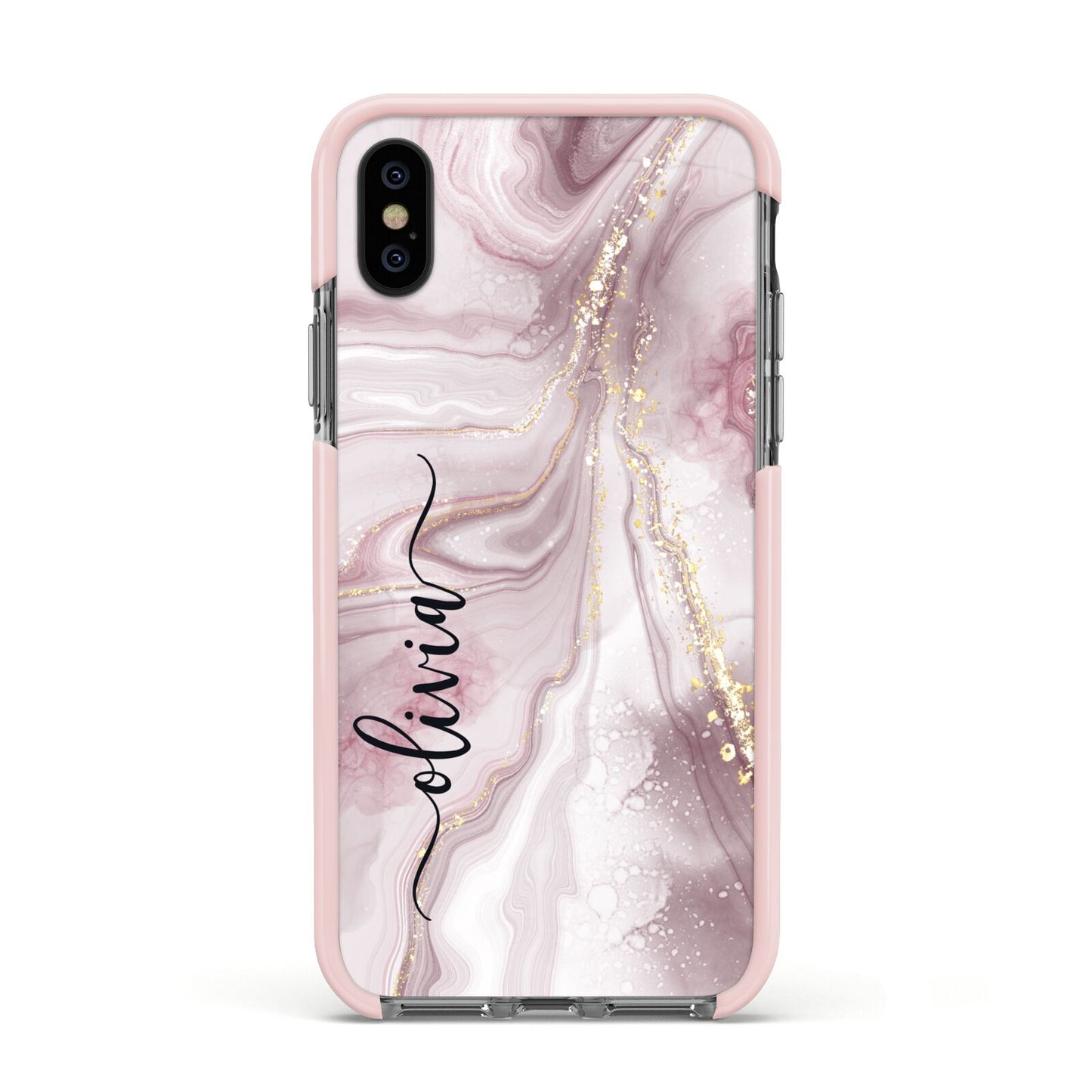 Pink Marble Apple iPhone Xs Impact Case Pink Edge on Black Phone
