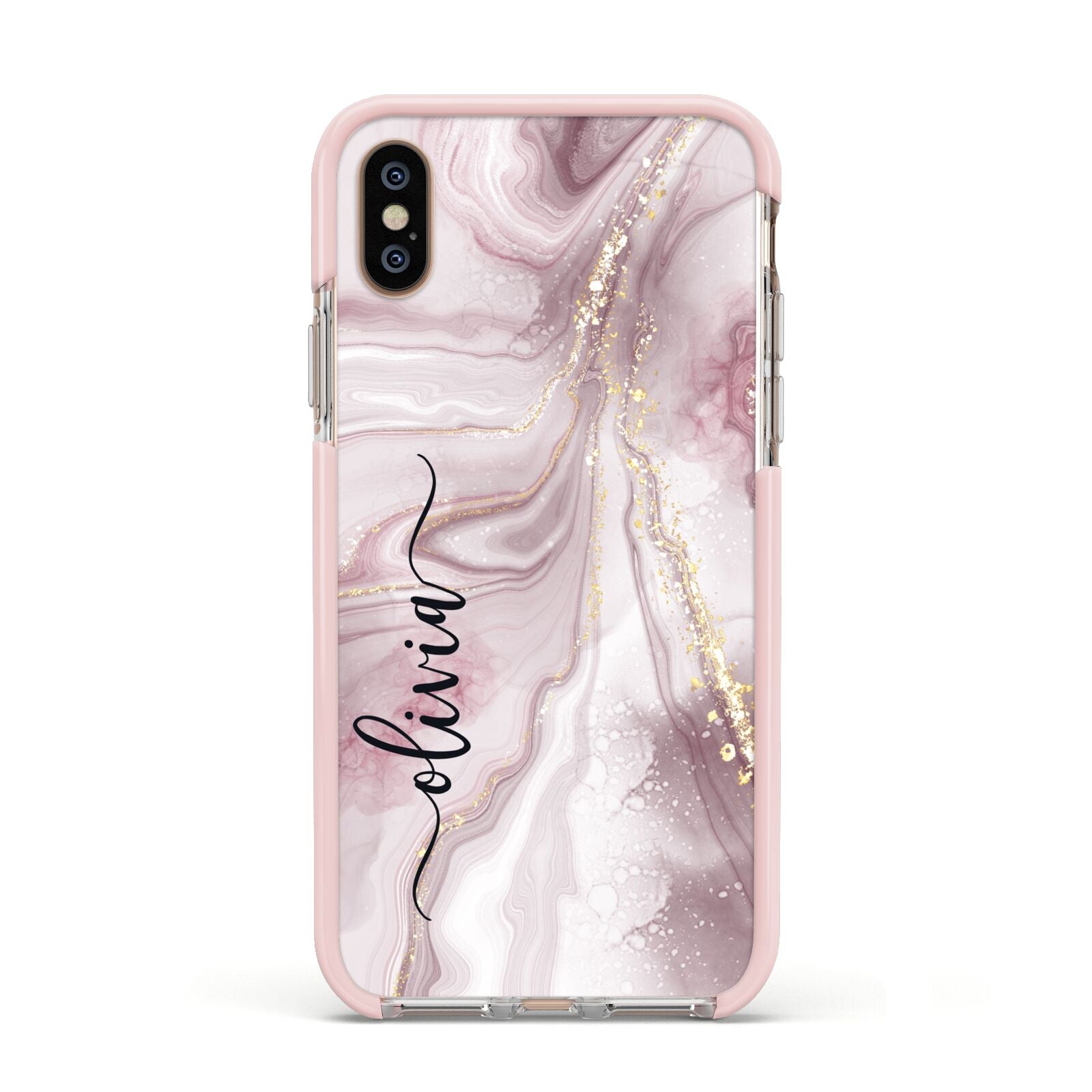Pink Marble Apple iPhone Xs Impact Case Pink Edge on Gold Phone