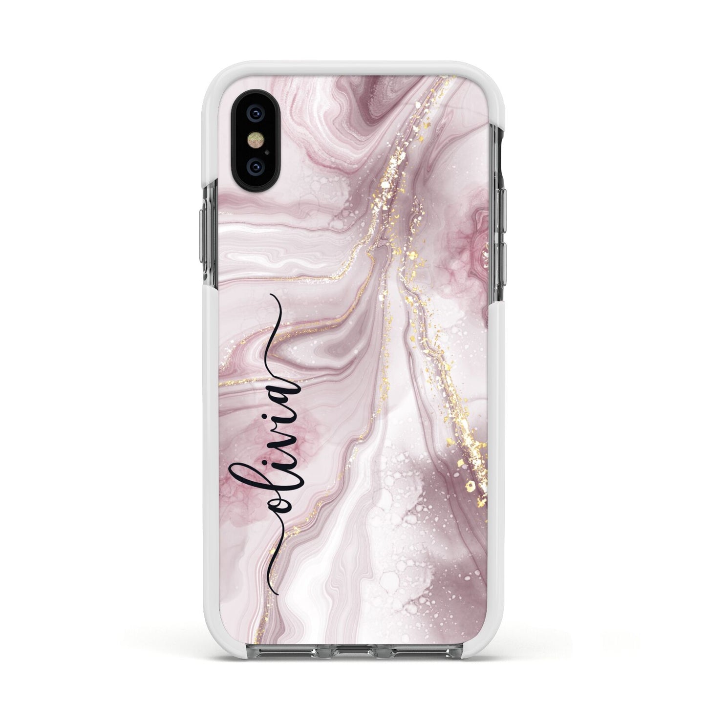 Pink Marble Apple iPhone Xs Impact Case White Edge on Black Phone