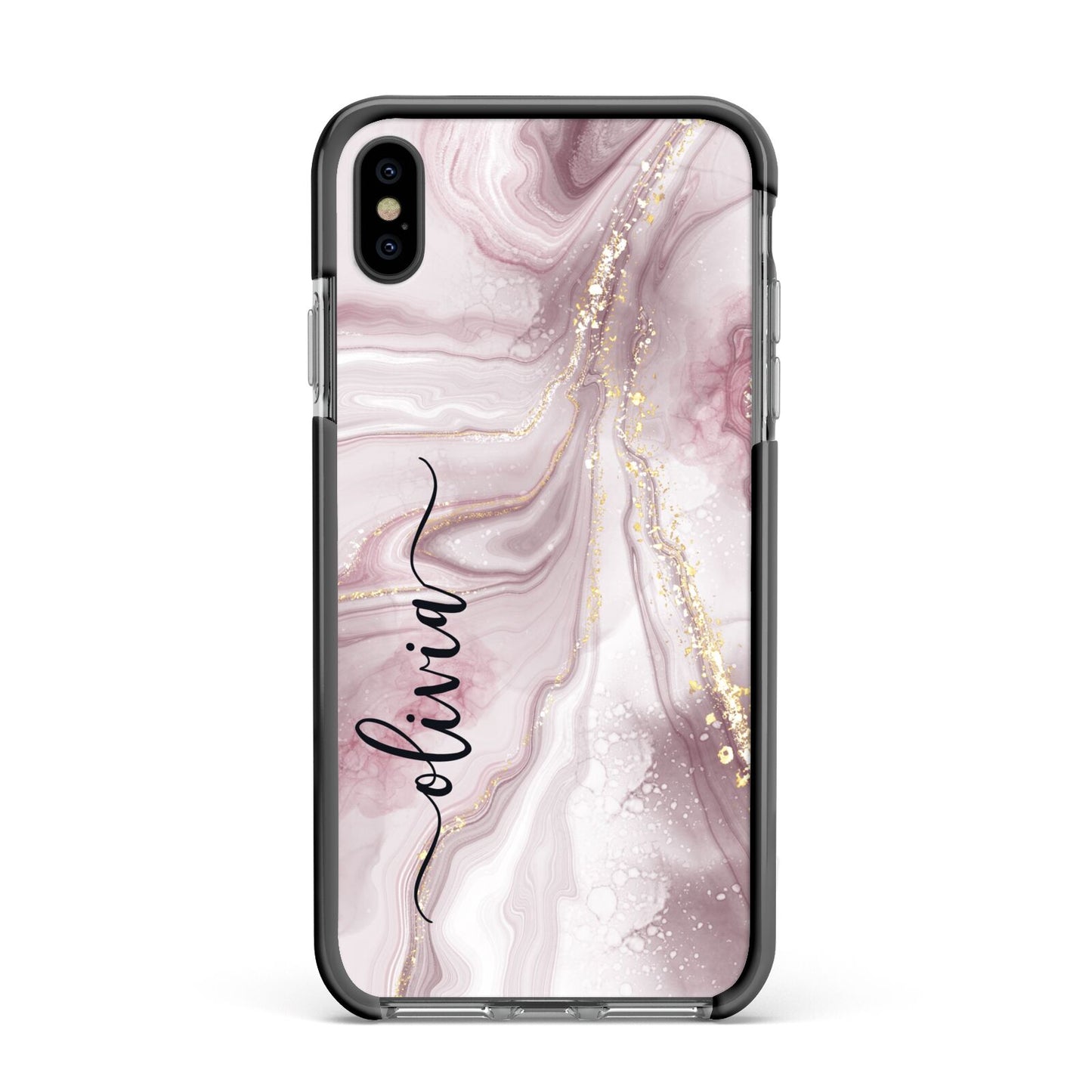 Pink Marble Apple iPhone Xs Max Impact Case Black Edge on Black Phone