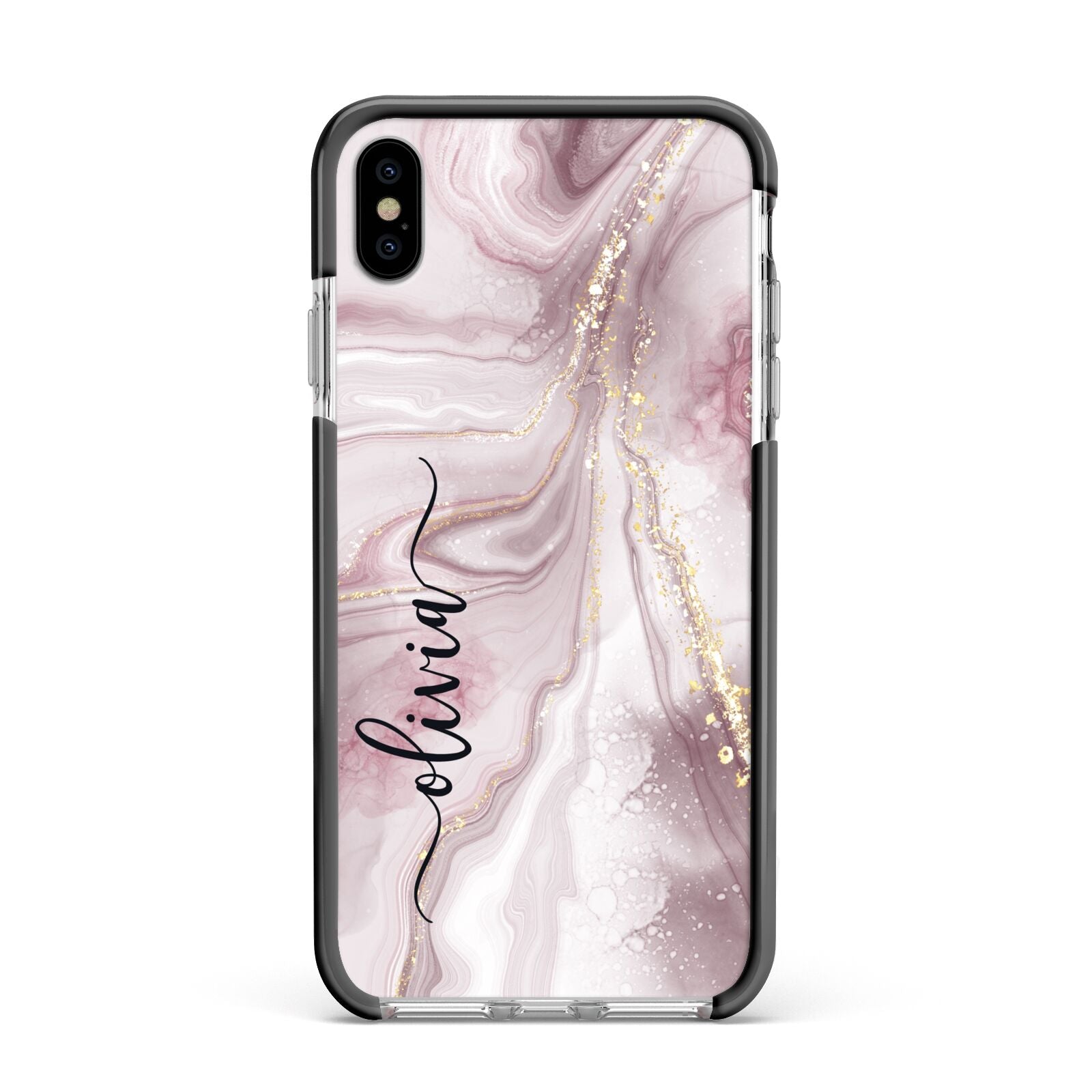 Pink Marble Apple iPhone Xs Max Impact Case Black Edge on Silver Phone