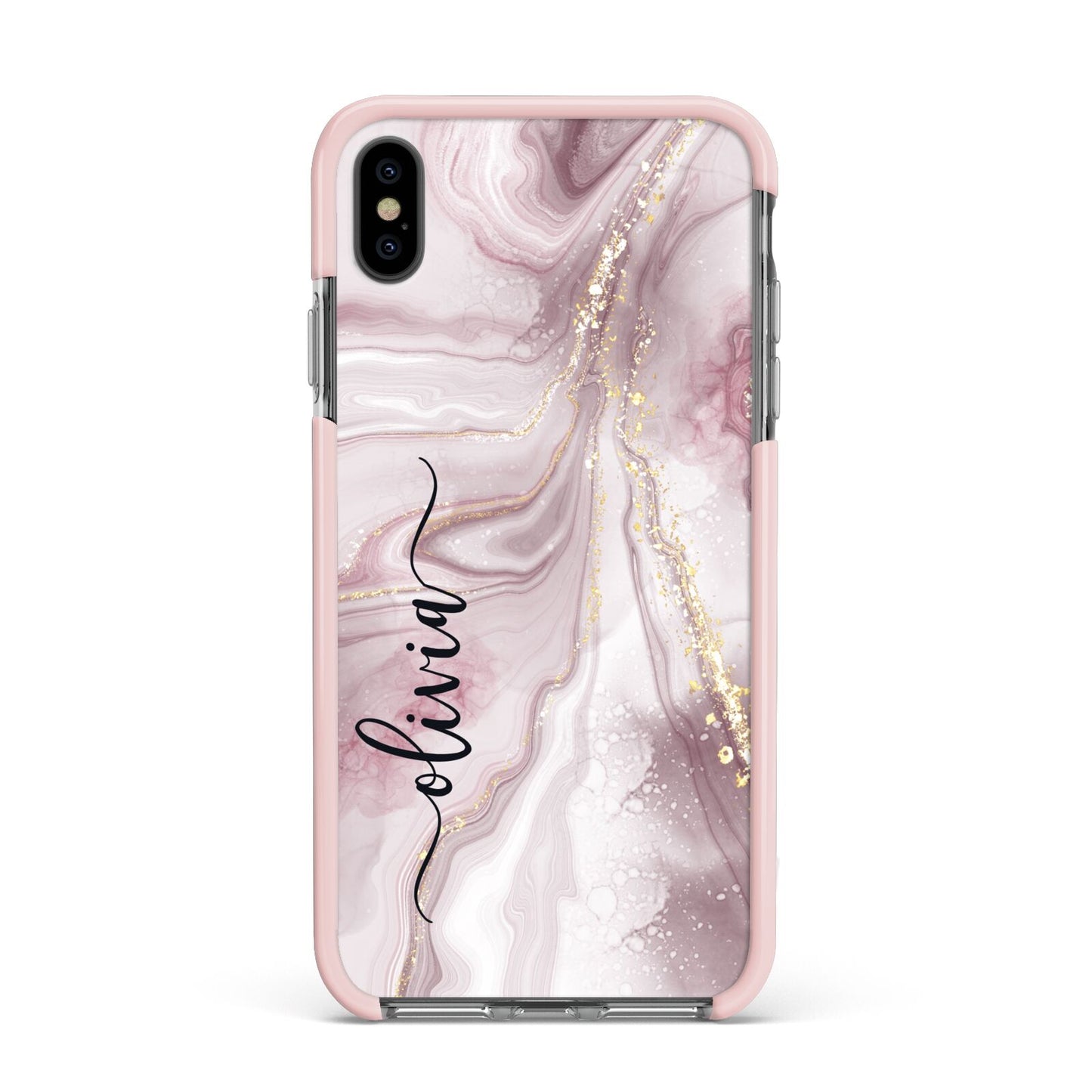 Pink Marble Apple iPhone Xs Max Impact Case Pink Edge on Black Phone