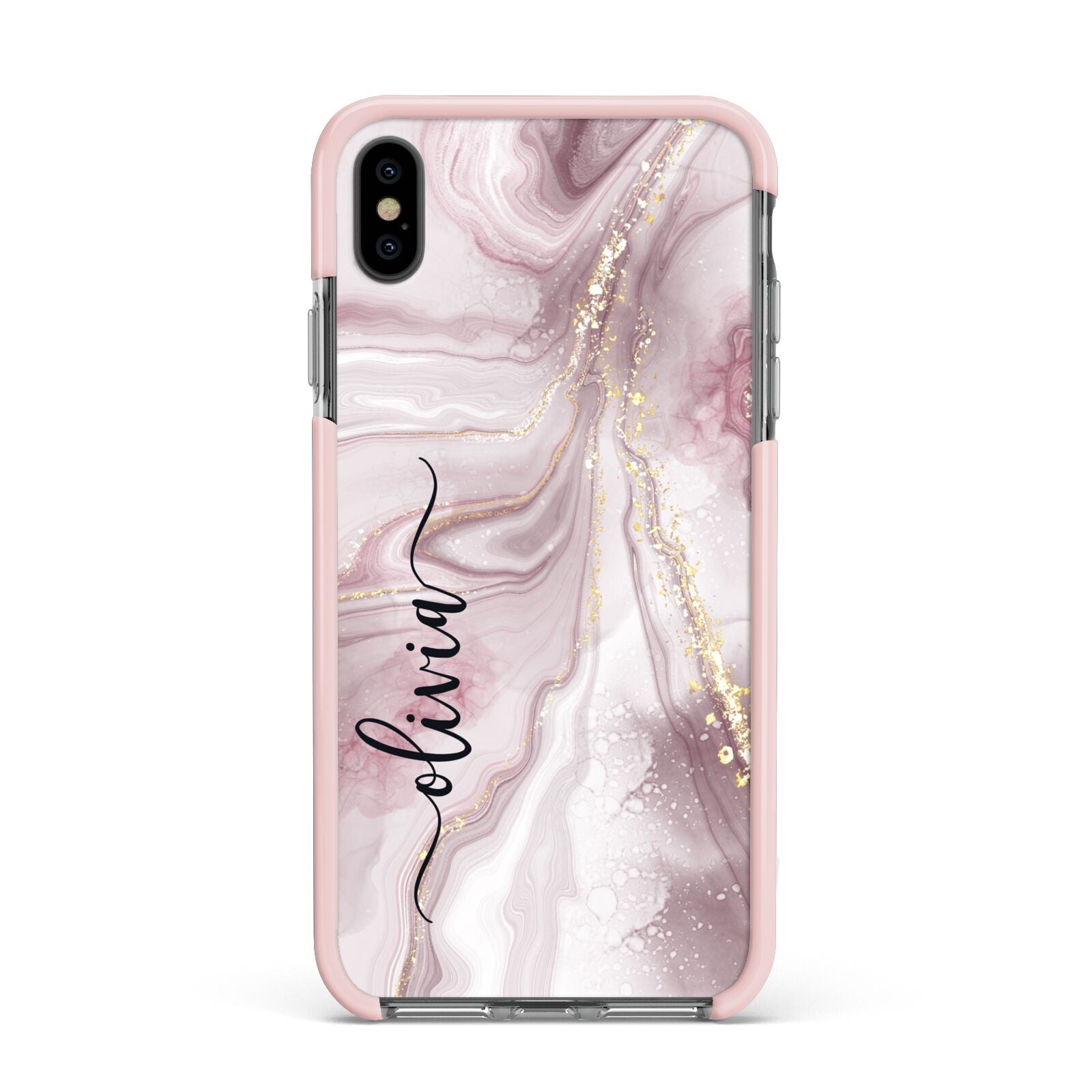 Pink Marble Apple iPhone Xs Max Impact Case Pink Edge on Black Phone