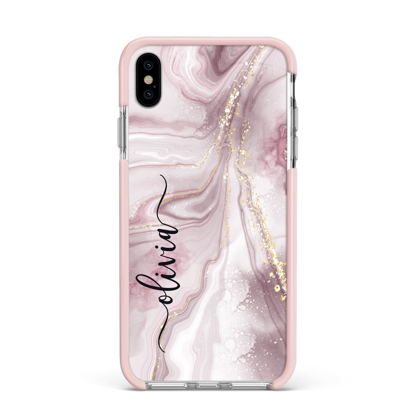 Pink Marble Apple iPhone Xs Max Impact Case Pink Edge on Silver Phone