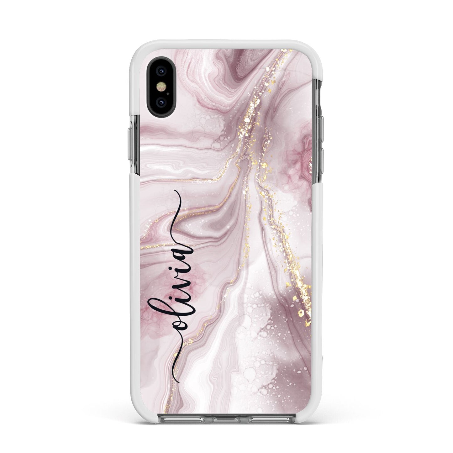 Pink Marble Apple iPhone Xs Max Impact Case White Edge on Black Phone