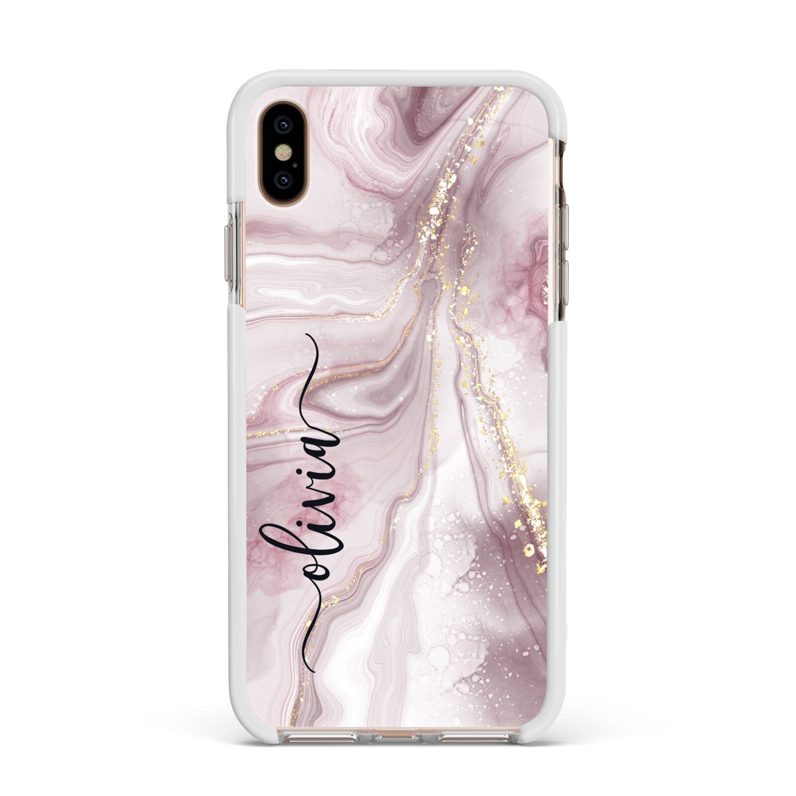 Pink Marble Apple iPhone Xs Max Impact Case White Edge on Gold Phone