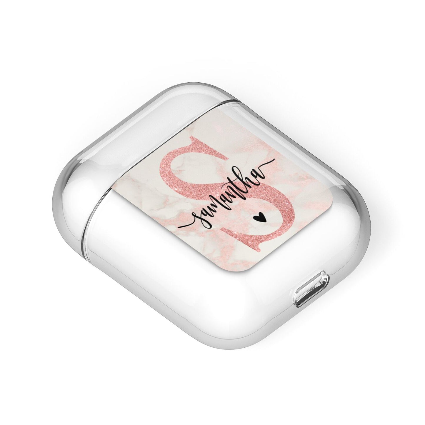 Pink Marble Glitter Monogram Personalised Name AirPods Case Laid Flat