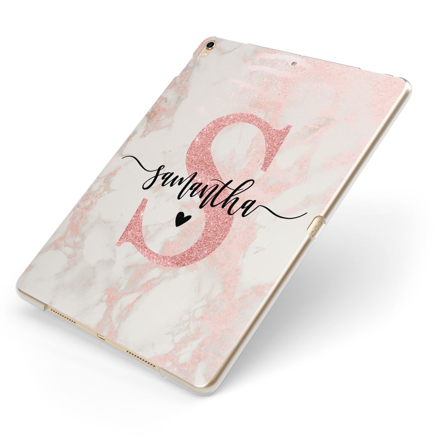 Pink Marble Glitter Monogram Personalised Name Apple iPad Case on Gold iPad Side View