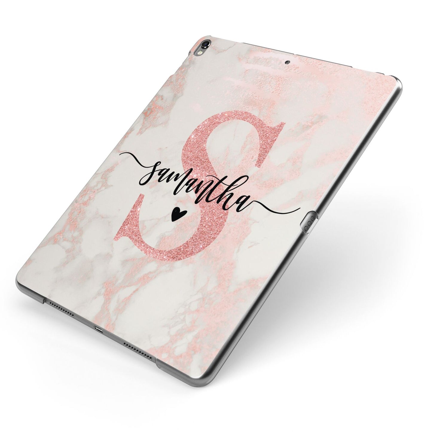 Pink Marble Glitter Monogram Personalised Name Apple iPad Case on Grey iPad Side View
