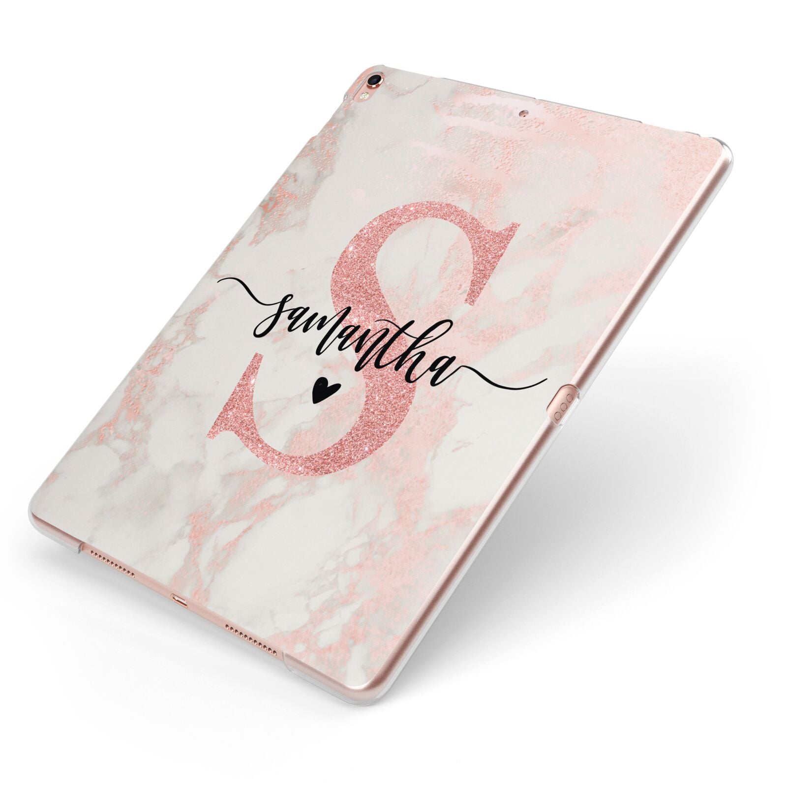 Pink Marble Glitter Monogram Personalised Name Apple iPad Case on Rose Gold iPad Side View