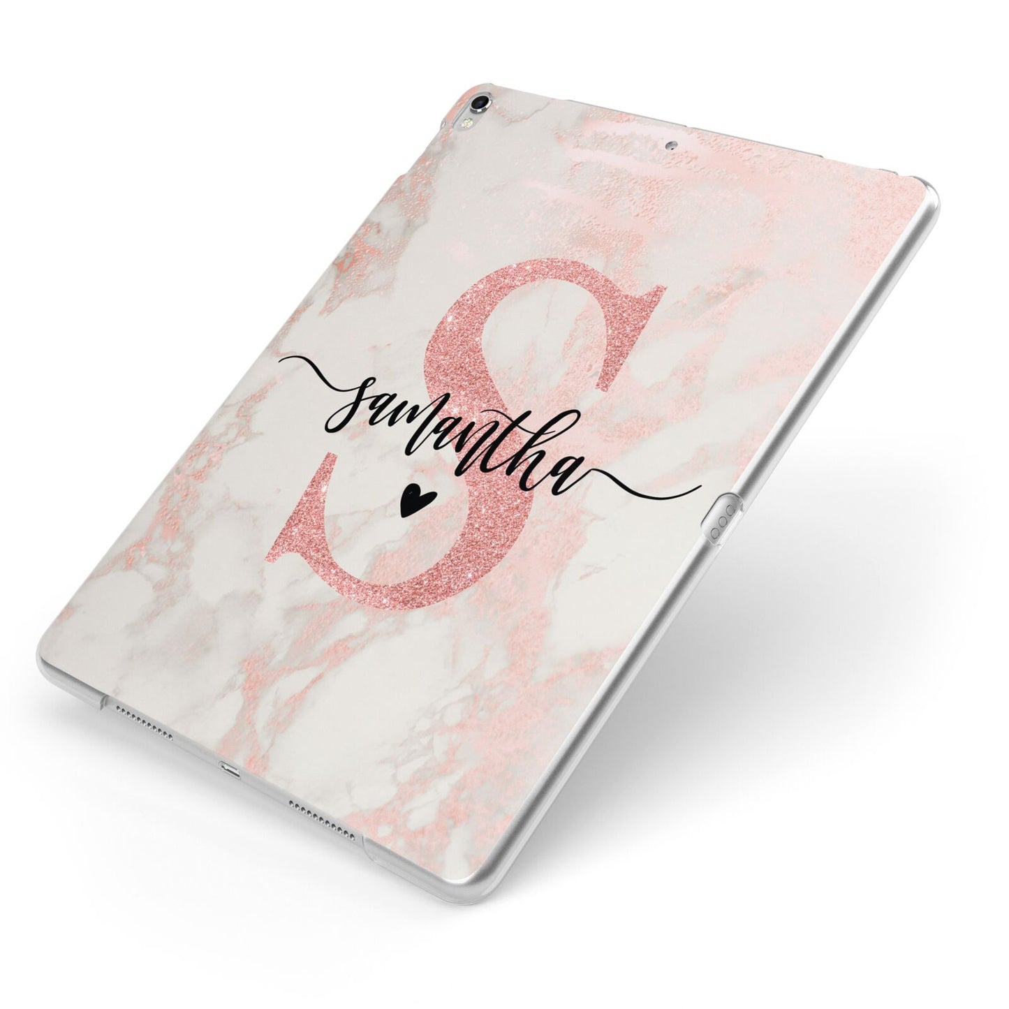 Pink Marble Glitter Monogram Personalised Name Apple iPad Case on Silver iPad Side View