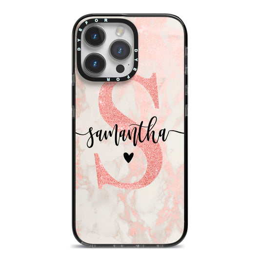Pink Marble Glitter Monogram Personalised Name iPhone 14 Pro Max Black Impact Case on Silver phone