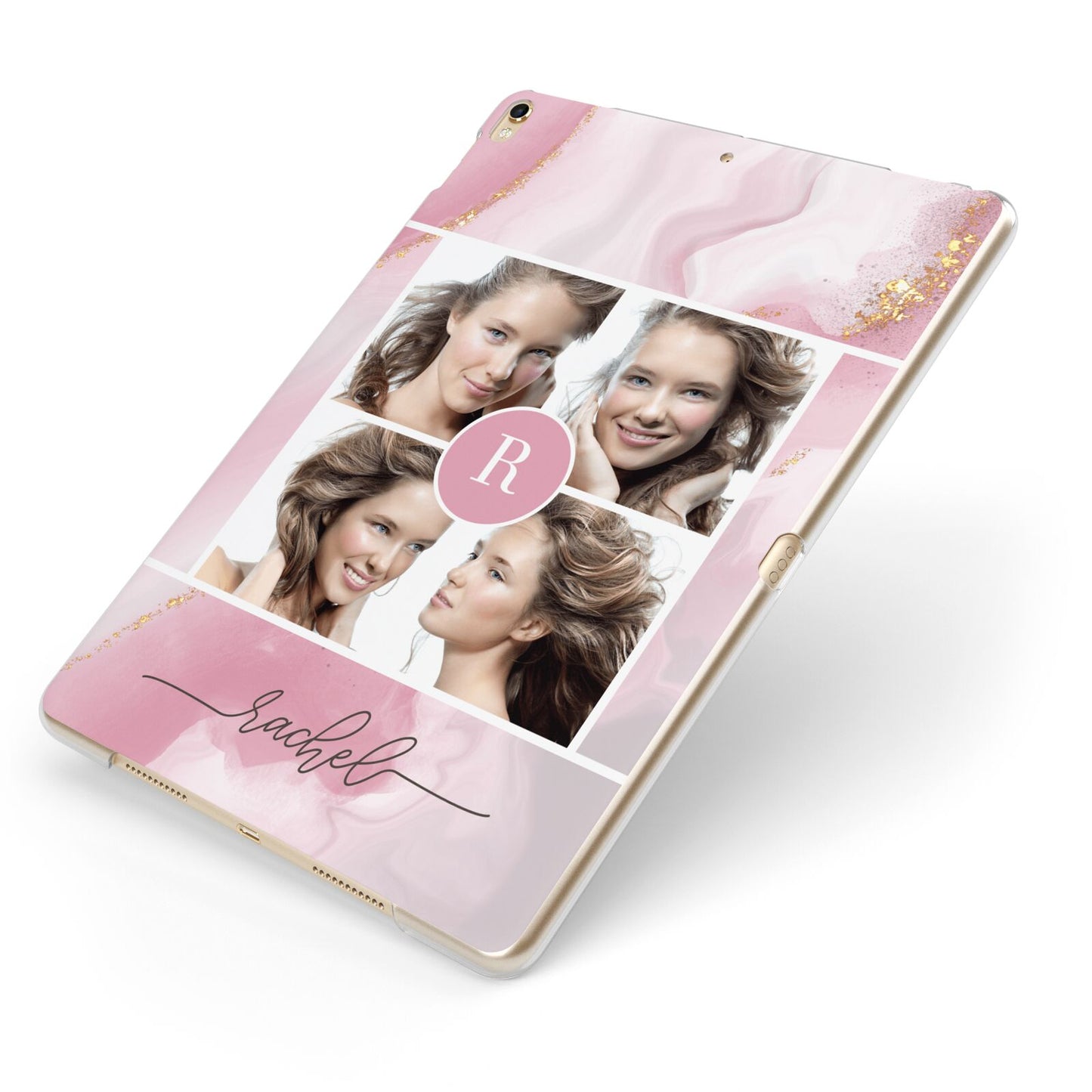 Pink Marble Personalised Photo Apple iPad Case on Gold iPad Side View