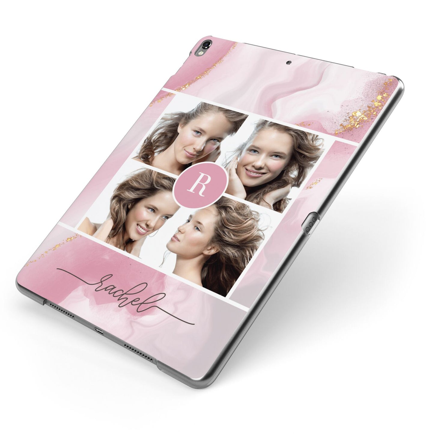 Pink Marble Personalised Photo Apple iPad Case on Grey iPad Side View