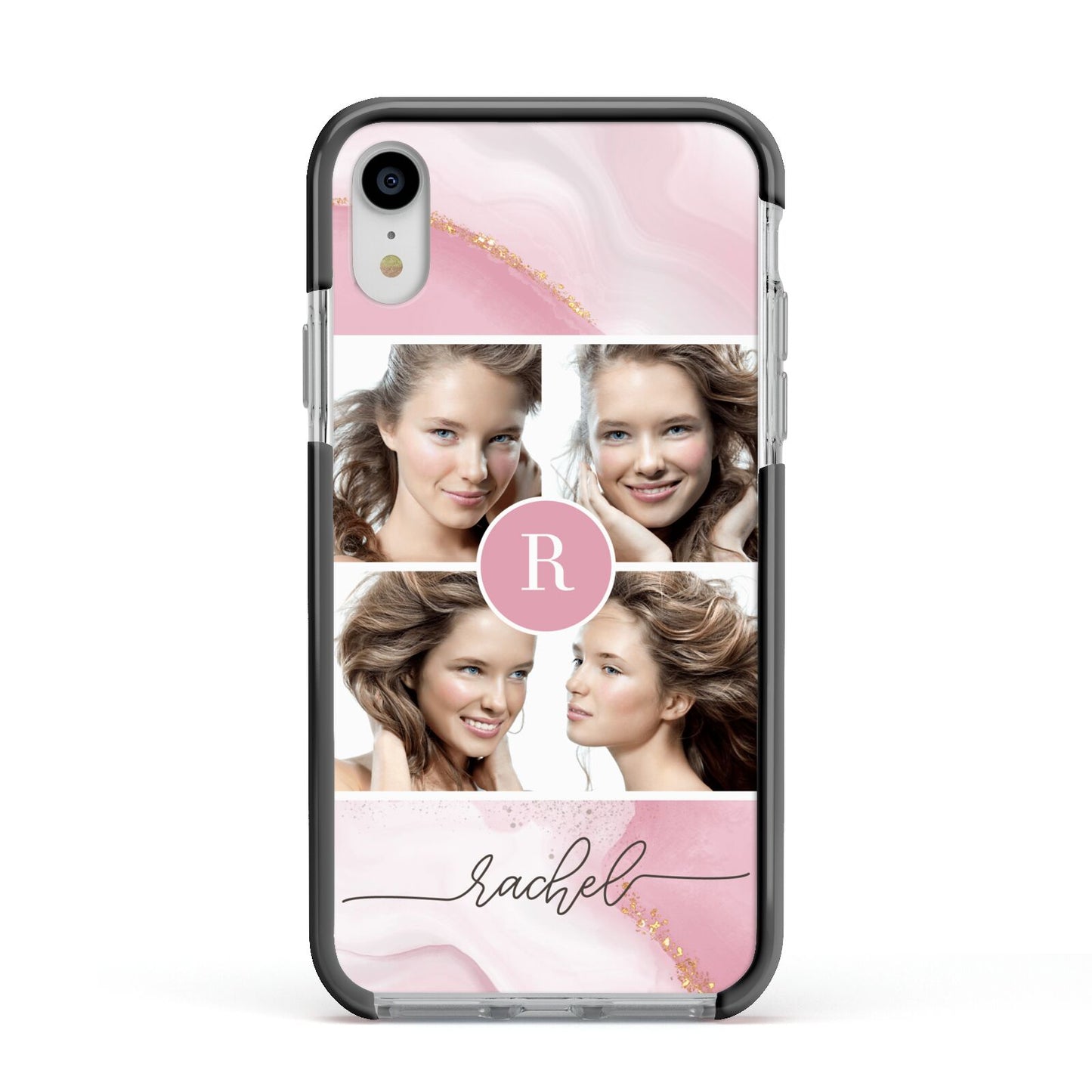 Pink Marble Personalised Photo Apple iPhone XR Impact Case Black Edge on Silver Phone