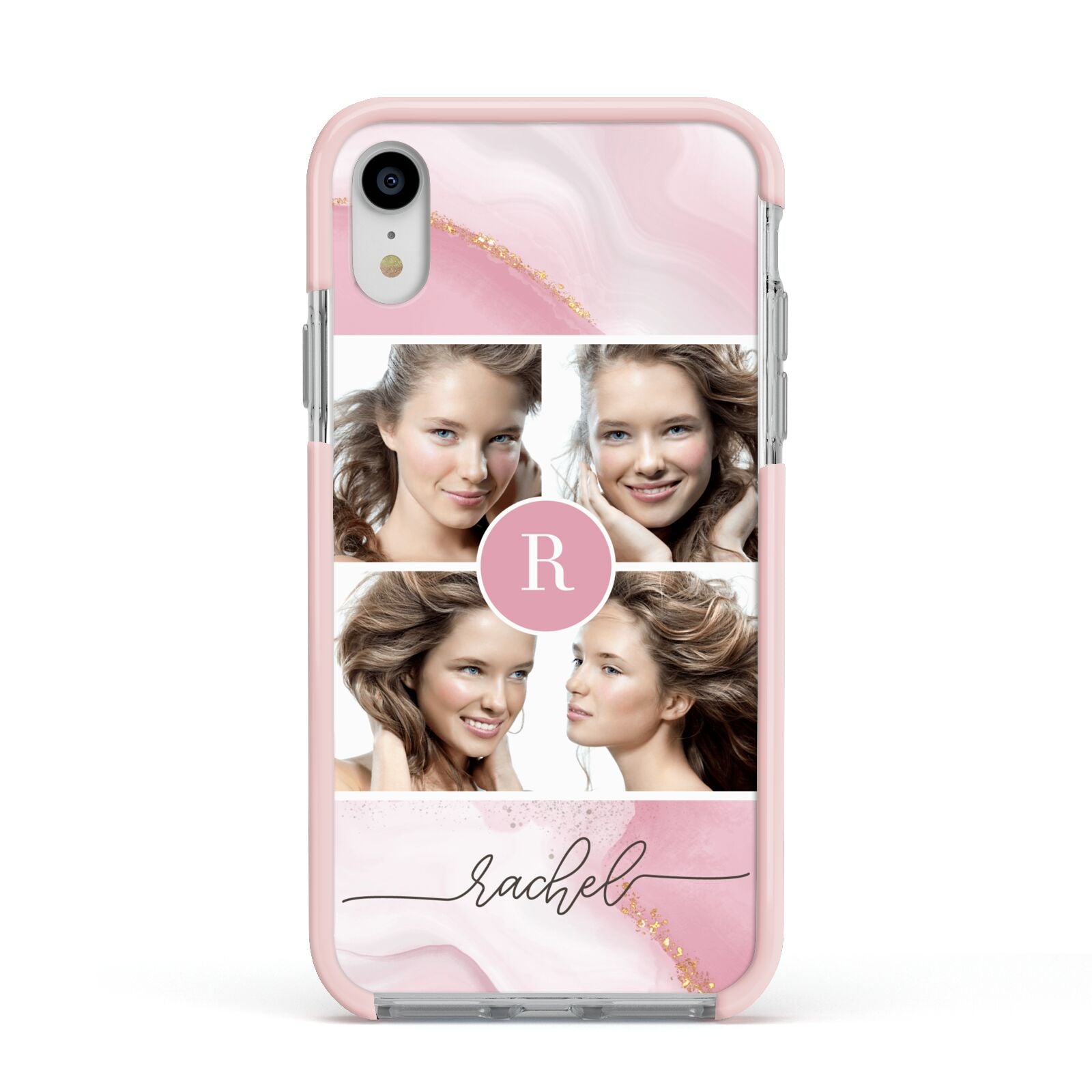 Pink Marble Personalised Photo Apple iPhone XR Impact Case Pink Edge on Silver Phone
