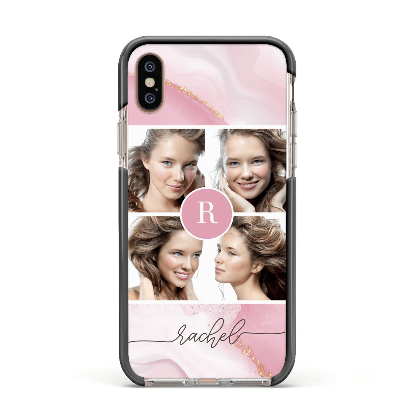 Pink Marble Personalised Photo Apple iPhone Xs Impact Case Black Edge on Gold Phone