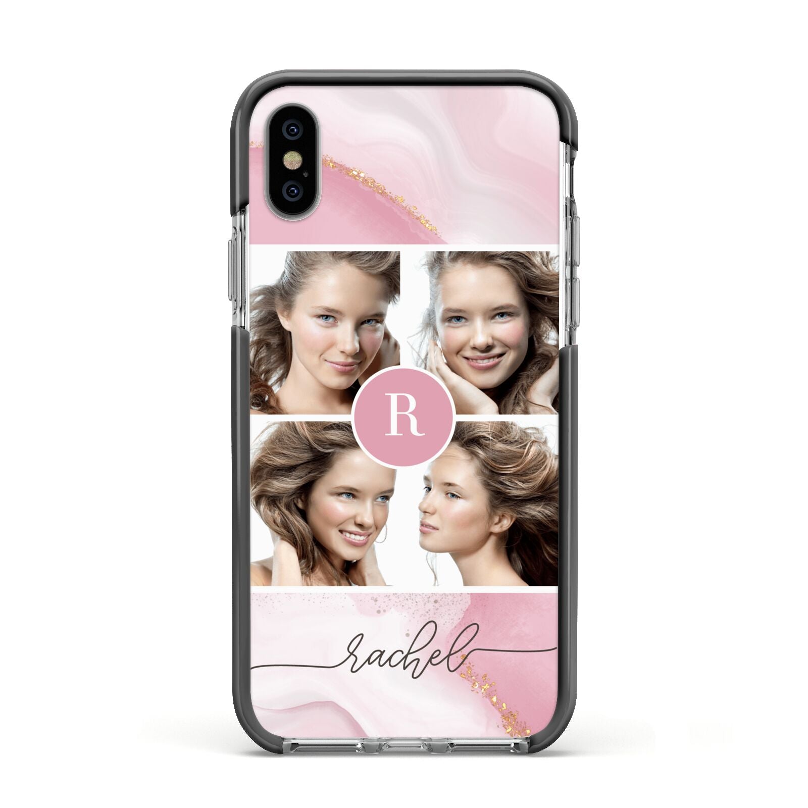 Pink Marble Personalised Photo Apple iPhone Xs Impact Case Black Edge on Silver Phone