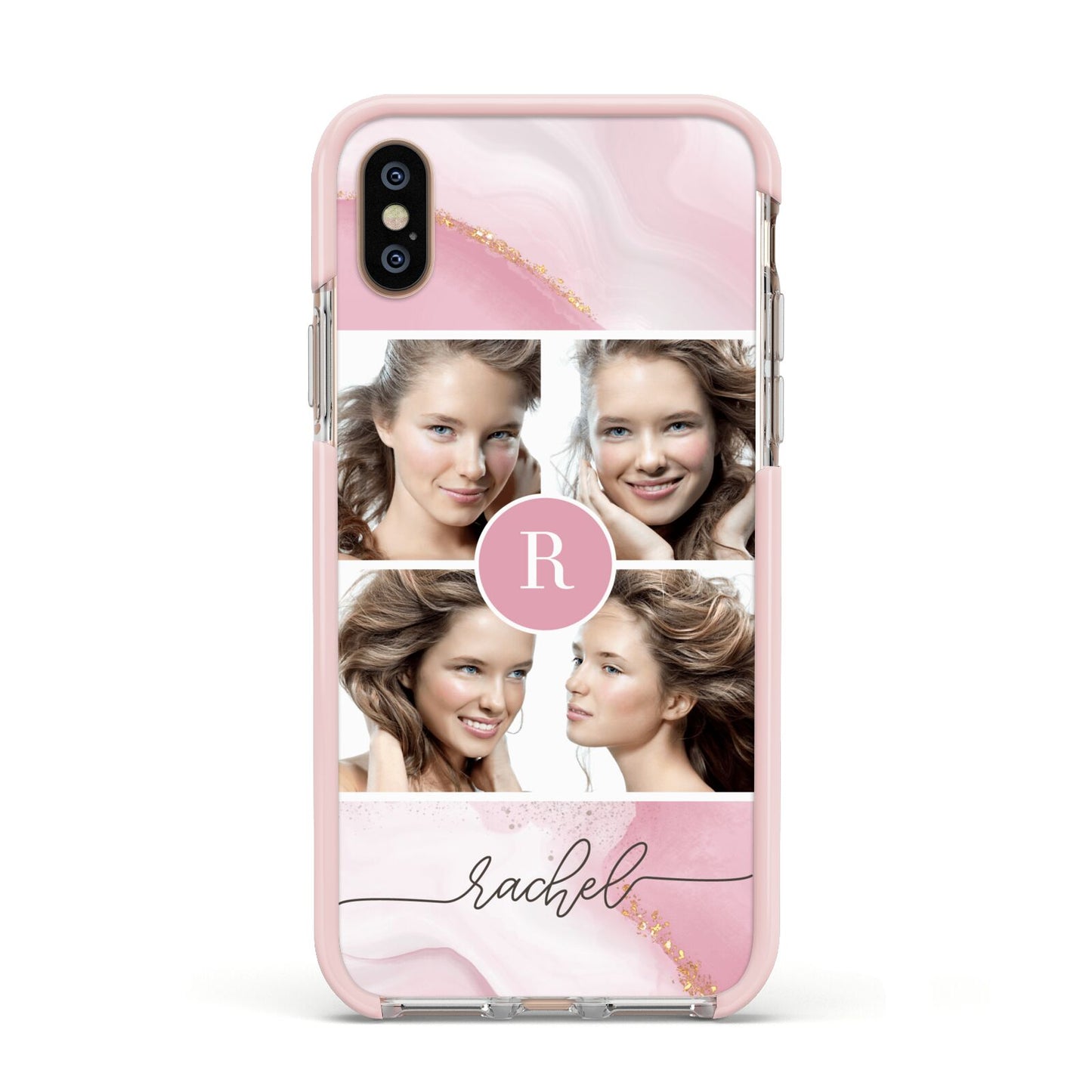 Pink Marble Personalised Photo Apple iPhone Xs Impact Case Pink Edge on Gold Phone