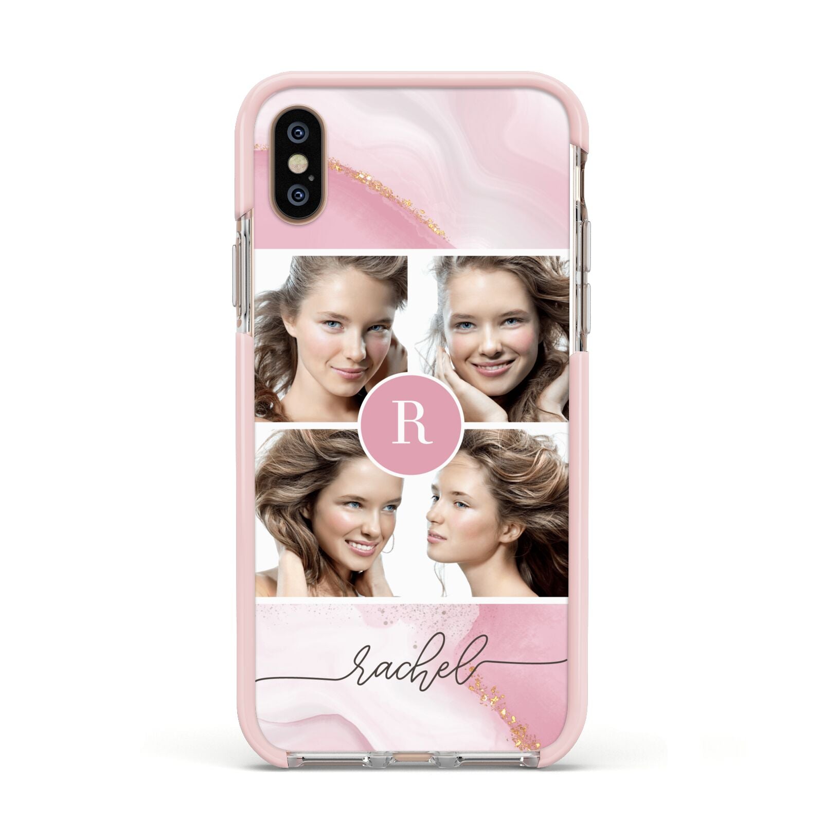 Pink Marble Personalised Photo Apple iPhone Xs Impact Case Pink Edge on Gold Phone