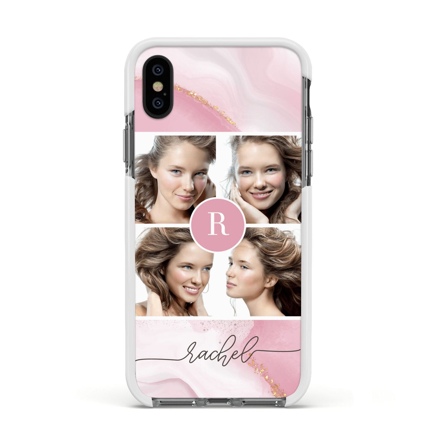 Pink Marble Personalised Photo Apple iPhone Xs Impact Case White Edge on Black Phone