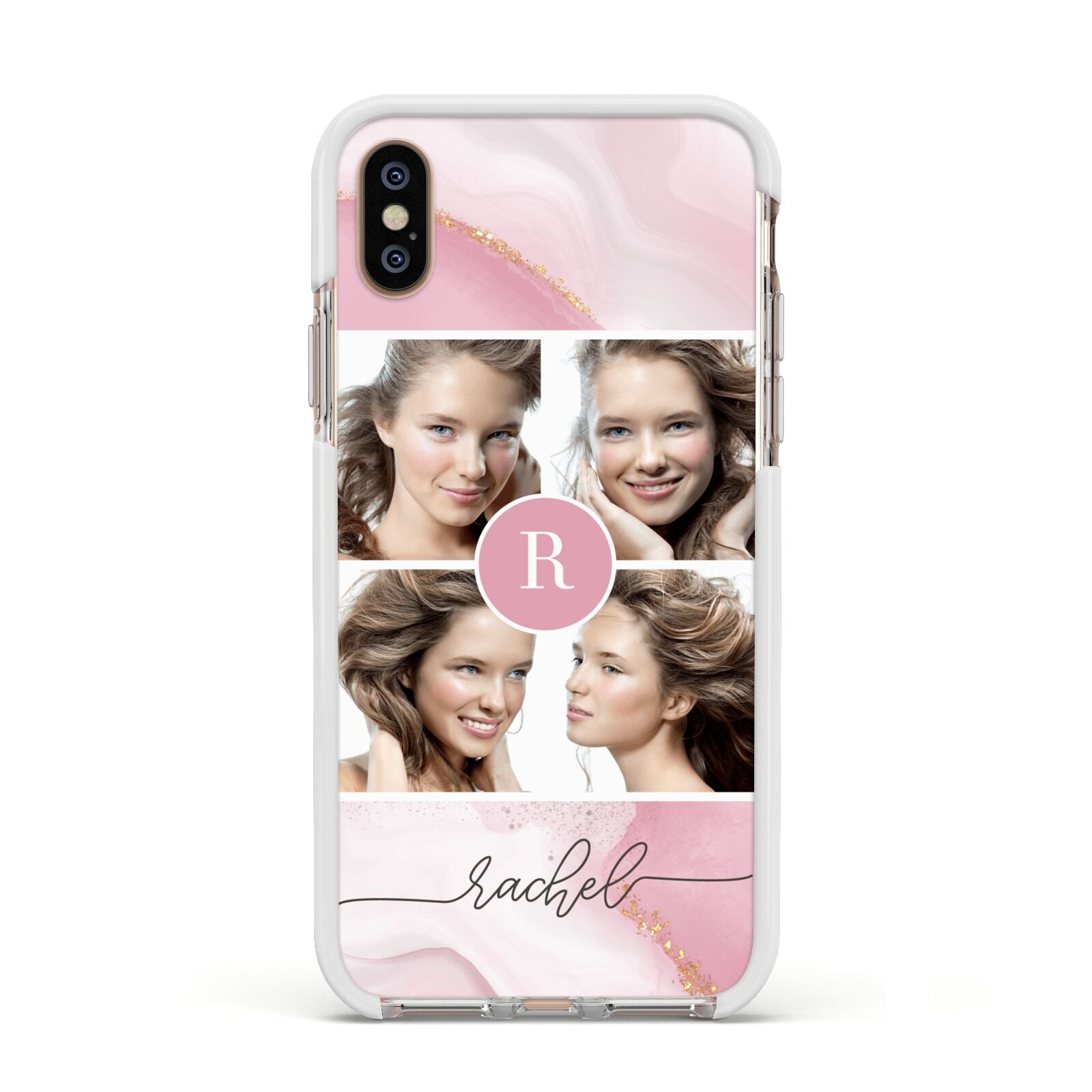 Pink Marble Personalised Photo Apple iPhone Xs Impact Case White Edge on Gold Phone